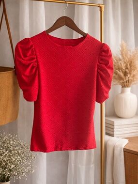 SHEIN Red Puff Sleeve Eyelet Blouse